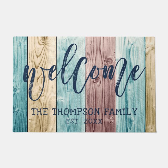 Turquoise Brown Wood Brush Script Welcome Doormat (Front)