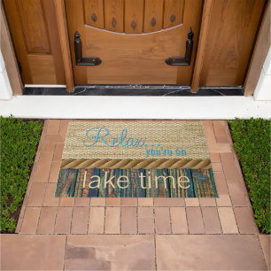 Turquoise Brown Wood Look Faux Burlap Pattern Doormat