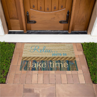 Turquoise Brown Wood Look Faux Burlap Pattern Doormat