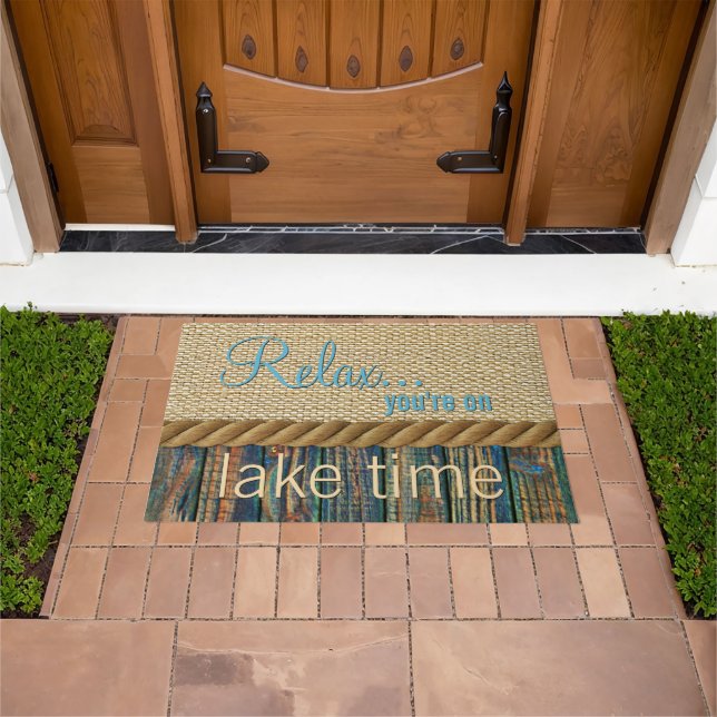 Turquoise Brown Wood Look Faux Burlap Pattern Doormat (Outdoor)