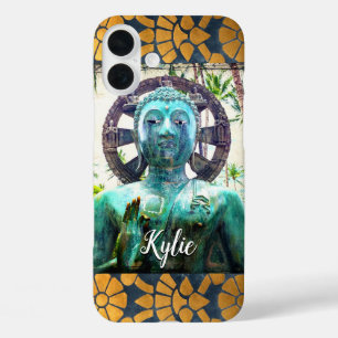 Turquoise Buddha Blue Gold Mosaic Tile Custom Name iPhone 16 Plus Case