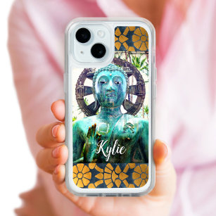 Turquoise Buddha Gold Blue Mosaic Tile Custom Name iPhone 15 Case