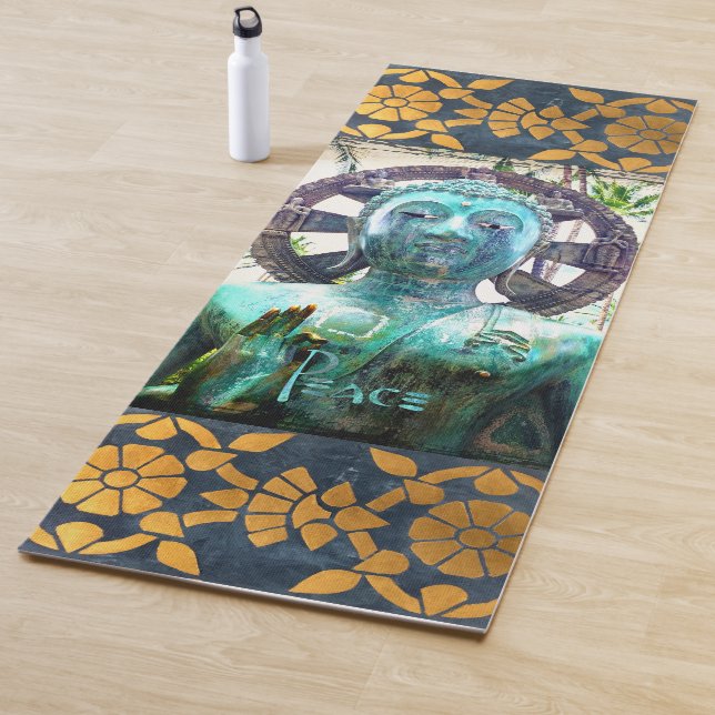 Turquoise Buddha Photo Gold Mosaic Peace Script Yoga Mat (In Situ)