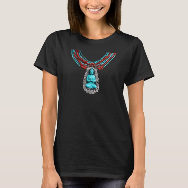 Turquoise Buddha Red Coral Womens Necklace T-Shirt (Front)