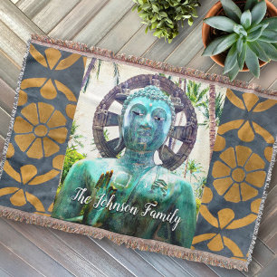 Turquoise Buddha Statue Photo Peace Quote Name Throw Blanket