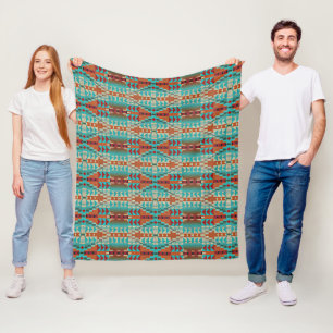 Turquoise Burnt Orange Brown Mosaic Art Pattern Fleece Blanket