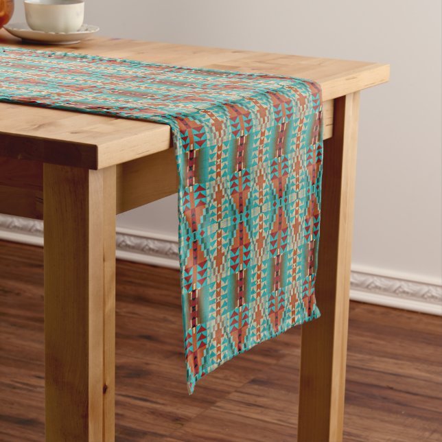 Turquoise Burnt Orange Brown Mosaic Pattern Medium Table Runner (In Situ)