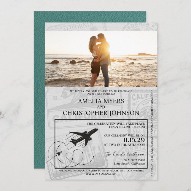 Turquoise California Passport Wedding Invitation (Front/Back)