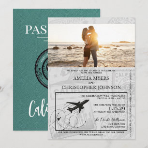 Turquoise California Passport Wedding Invitation