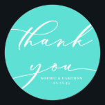 Turquoise Calligraphy Wedding Thank You Classic Round Sticker<br><div class="desc">Send thanks with this customizable script thank you stickers. It features modern calligraphy and classic typography with a turquoise background. Personalize this script thank you sticker by adding your details. This turquoise thank you card will be perfect for wedding favours and as an envelope seal.</div>