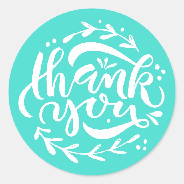 Turquoise Calligraphy Wreath Thank You  Classic Round Sticker (Front)