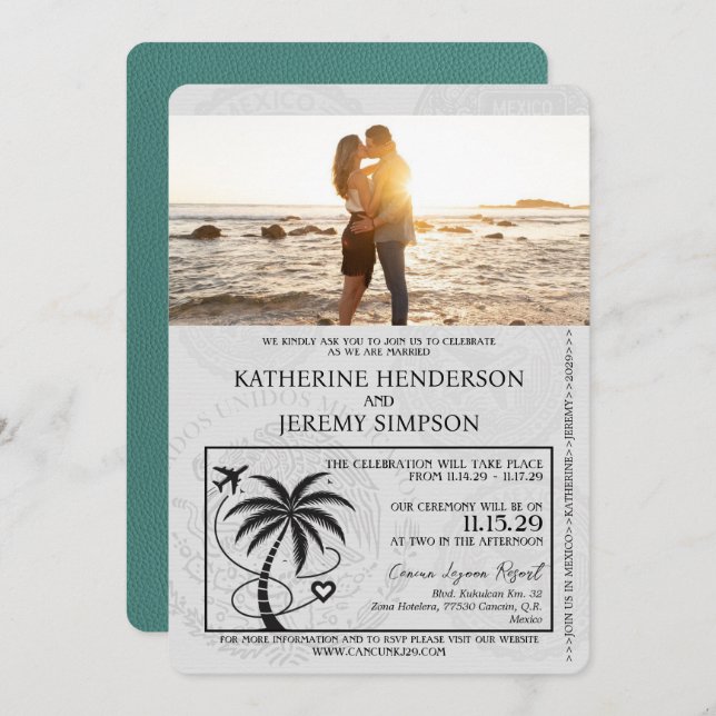 Turquoise Cancun Passport Wedding Invitation (Front/Back)