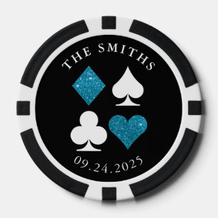 Turquoise Card Suits Wedding Date and Name Favour Poker Chips