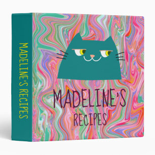 Turquoise Cat Portrait and Pink Pattern Recipes Binder
