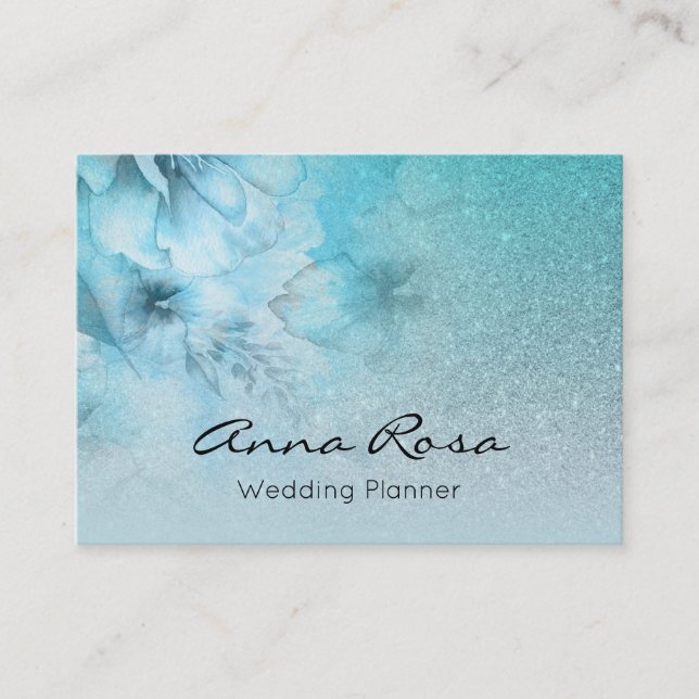 *~* Turquoise Celestial Watercolor Floral Glitter Business Card (Front)