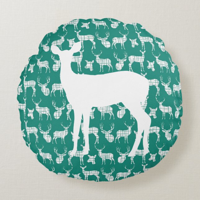 Turquoise cerf avec blanc et blanc Coussin rond Do (Devant)