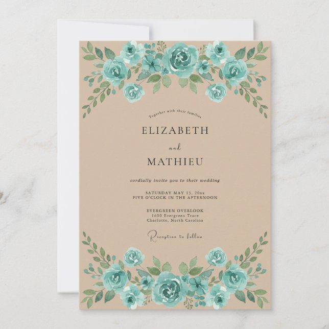 Turquoise Champagne Leafy Wedding Invitation (Front)