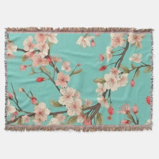 Turquoise Cherry Blossom Throw Blanket