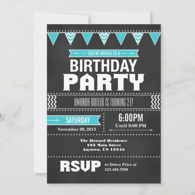 Turquoise Chevron Chalkboard Invitation d'annivers (Devant)