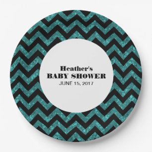 Turquoise Chevron Glitter Baby Shower Paper Plates
