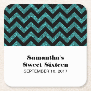 Turquoise Chevron Glitter Sweet 16 Paper Coasters