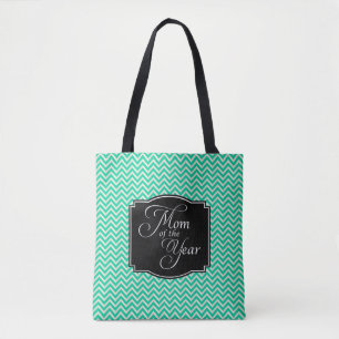 Turquoise Chevron Stripes Mom of the Year Tote Bag
