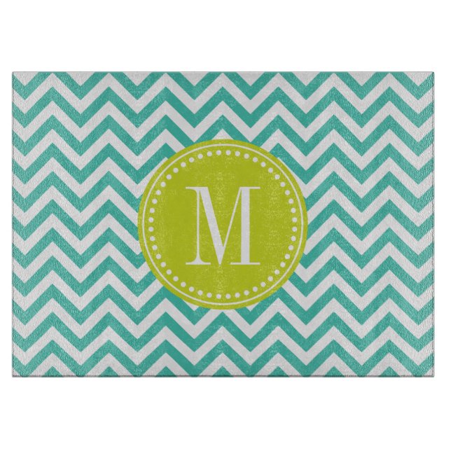 Turquoise Chevron Zigzag Personalized Monogram Cutting Board (Front)