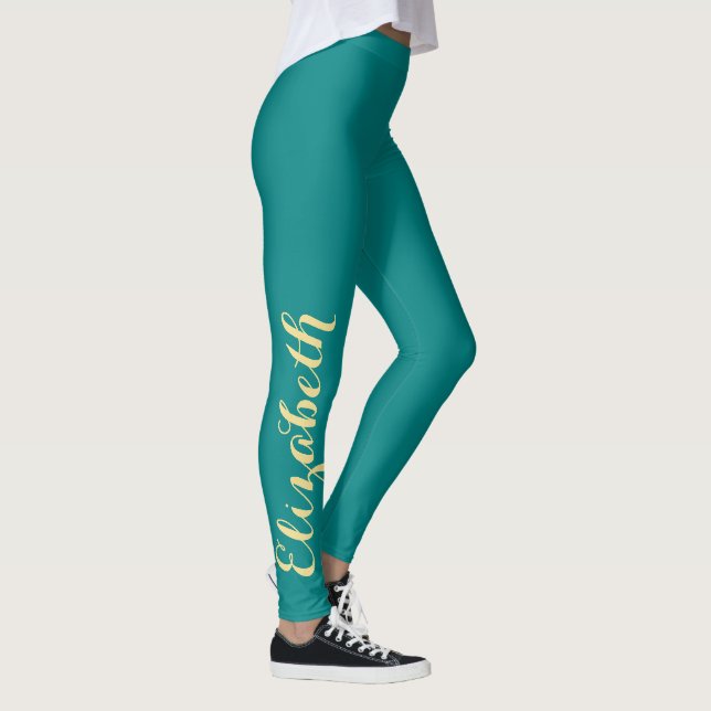 Turquoise Chic Stylish Custom Name Workout Sports Leggings (Right)