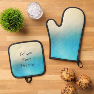 Turquoise Chic White Aqua Blue  Oven Mitt & Pot Holder Set