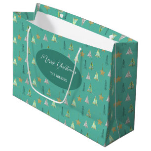Turquoise Christmas Pine Tree Watercolor Pattern Large Gift Bag
