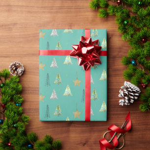 Turquoise Christmas Pine Tree Watercolor Pattern Wrapping Paper
