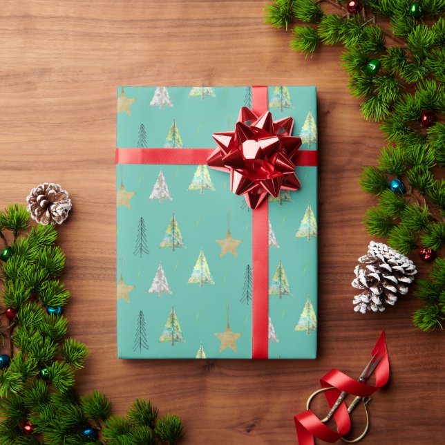 Turquoise Christmas Pine Tree Watercolor Pattern Wrapping Paper (Holiday Gift)