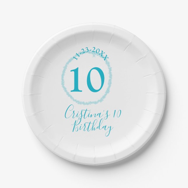 Turquoise circle. Round glitter 10th birthday bold Paper Plate (Front)