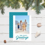 Turquoise Coastal Beach Sea-Sun's Greetings Photo Holiday Card<br><div class="desc">Turquoise Coastal Beach Sea-Sun's Greetings Photo holiday card has turquoise aqua wave pattern back side. Personalize it by replacing the placeholder text and replace the placeholder image with your own photo. For more options such as to change the font and it's size/colour or the spacing between letters click the "Customize"...</div>