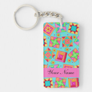 Turquoise & Colorful Quilt Blocks & Personalized Keychain