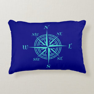 Turquoise Compass Rose On Navy Blue Coastal Decor Decorative Pillow