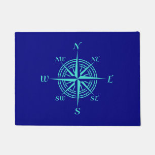 Turquoise Compass Rose On Navy Blue Coastal Decor Doormat