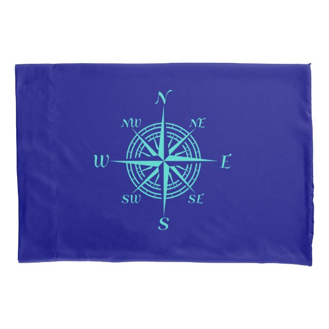 Turquoise Compass Rose On Navy Blue Coastal Decor Pillowcase (Front)