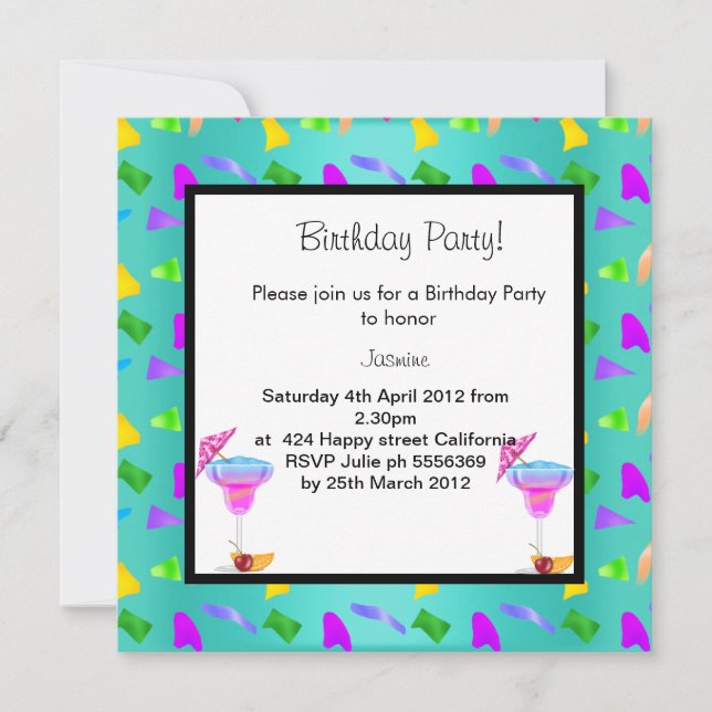 turquoise confetti ANNIVERSAIRE INVITATION (Devant)