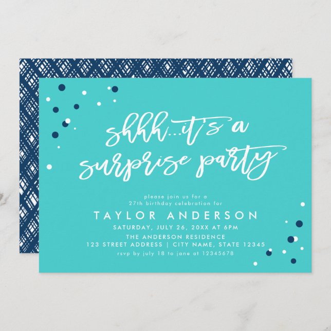 Turquoise Confetti It's a Surprise Party Birthday Invitation (Front/Back)