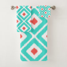 Turquoise, Corail, Diamant Ikat Blanc Motif