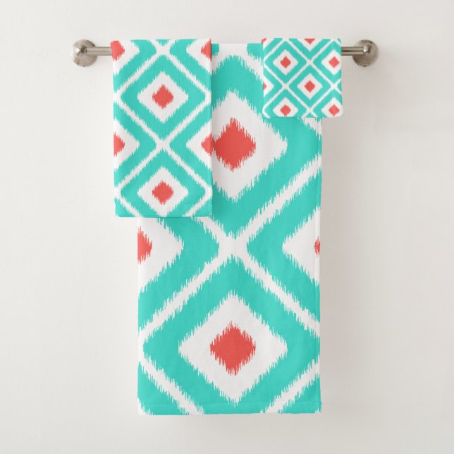 Turquoise, Corail, Diamant Ikat Blanc Motif (En situation)