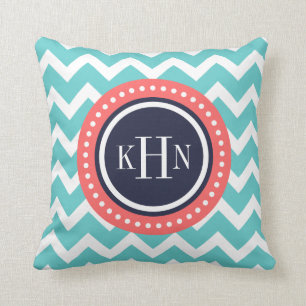 Turquoise Coral and Navy Chevron Monogram Throw Pillow