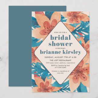 Turquoise Coral Floral Watercolor Bridal Shower Invitation