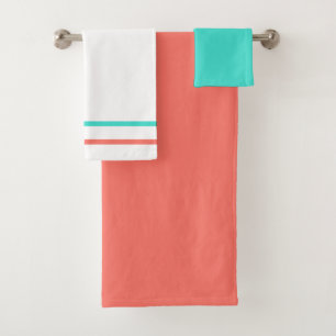 Turquoise Coral Geometric Stripes Pattern Bath Towel Set