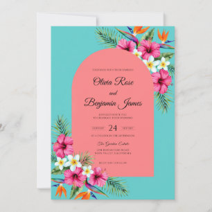 Turquoise Coral Hibiscus Sage Wedding Invitation