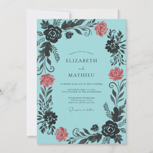 Turquoise Coral Leafy Wedding Invitation (Front)