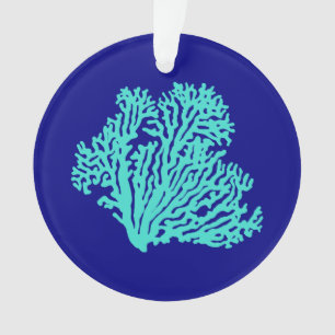 Turquoise Coral On Navy Blue Coastal Decor Ornament
