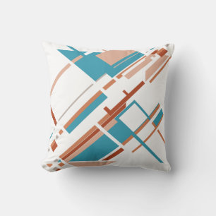 Turquoise Coral Rust Diagonal MCM Inspired Motif Throw Pillow