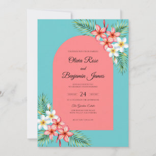 Turquoise Coral Tropical Eucalyptus Wedding Invitation
